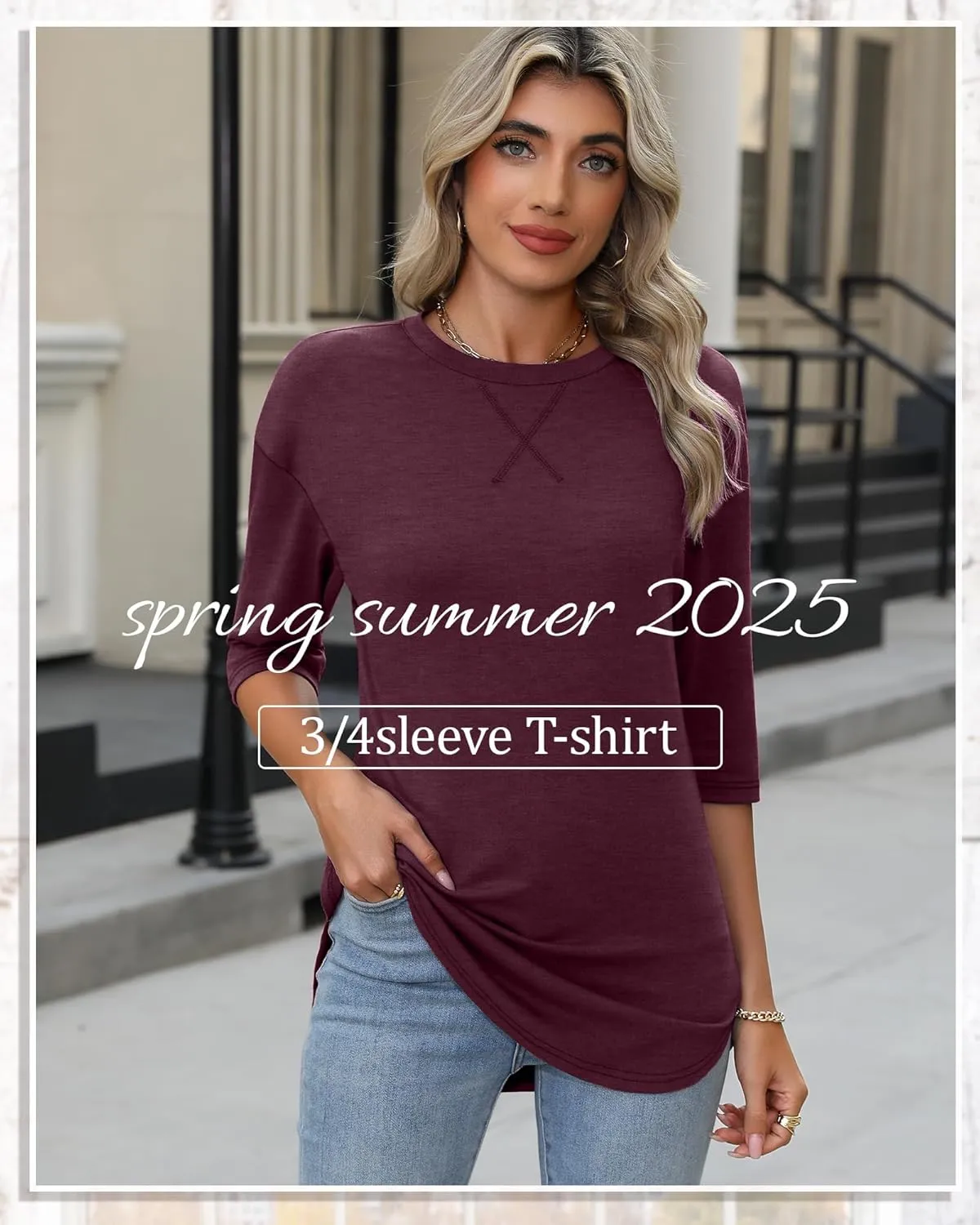 Riyiper 3 Pack Women's 3/4 Sleeve Tunic Tops Cotton Round Neck Loose Elbow Shirts Summer Curved Hem Side Split Blouse