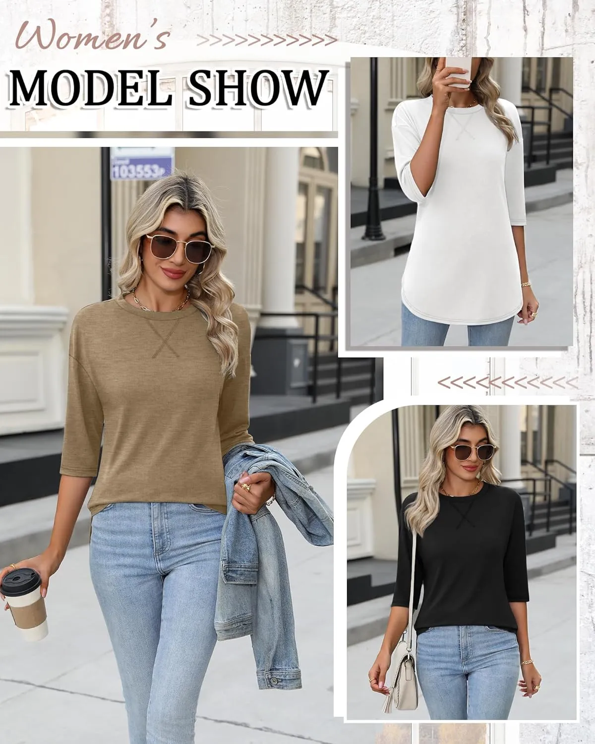 Riyiper 3 Pack Women's 3/4 Sleeve Tunic Tops Cotton Round Neck Loose Elbow Shirts Summer Curved Hem Side Split Blouse