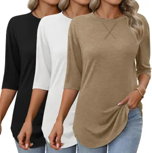 Riyiper 3 Pack Women's 3/4 Sleeve Tunic Tops Cotton Round Neck Loose Elbow Shirts Summer Curved Hem Side Split Blouse