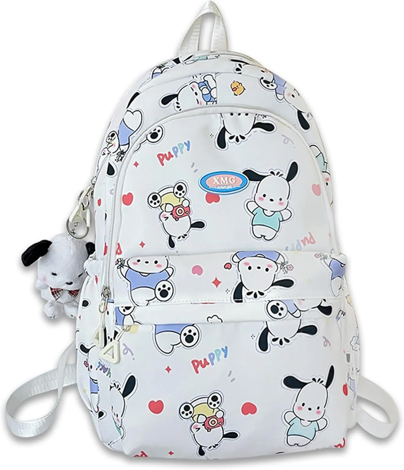 Roffatide Cartoon Pochacco All Over Print Casual Backpack Laptop Backpack Bike Travel Hiking Rucksack Daypack White (With Cute Pendants)
