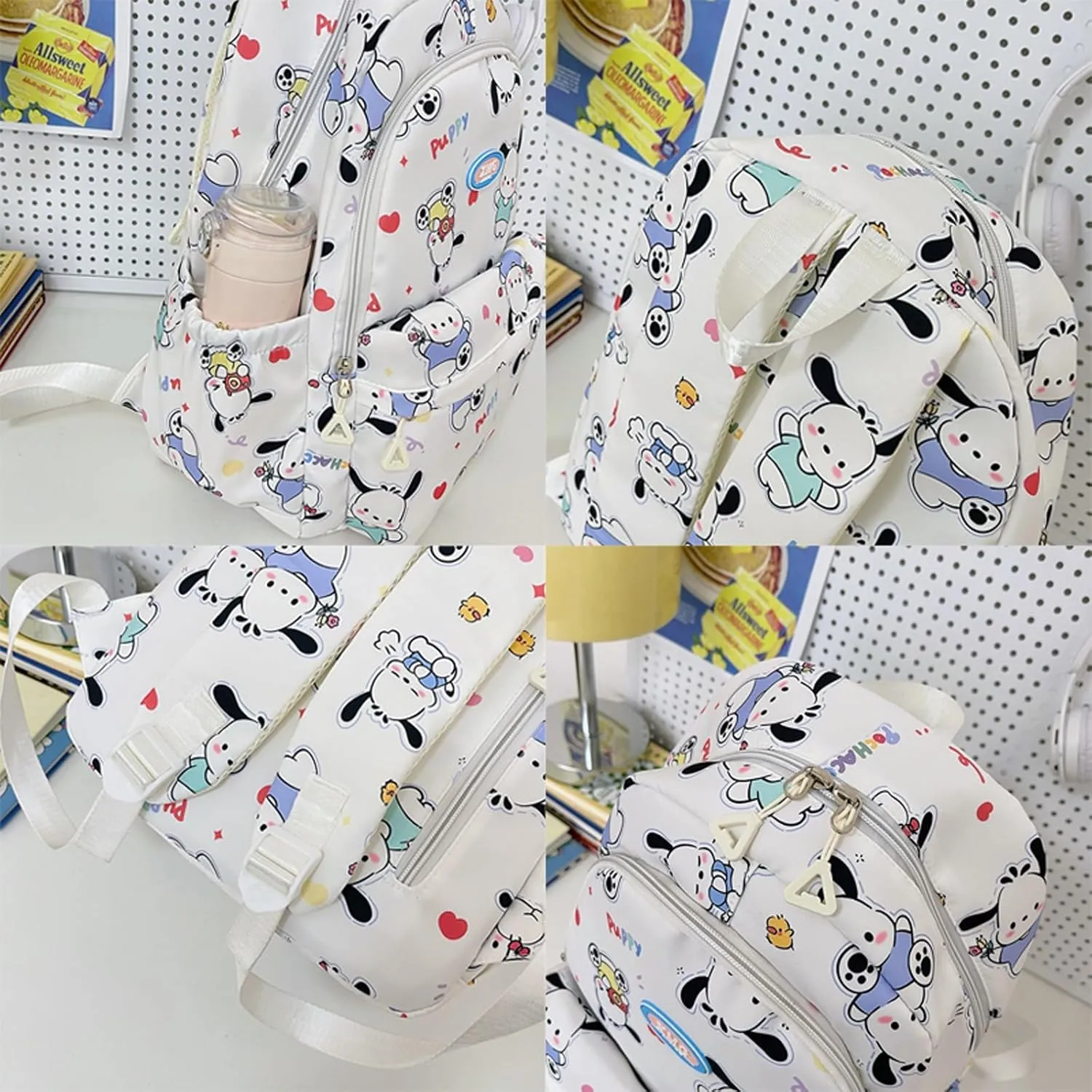 Roffatide Cartoon Pochacco All Over Print Casual Backpack Laptop Backpack Bike Travel Hiking Rucksack Daypack White (With Cute Pendants)