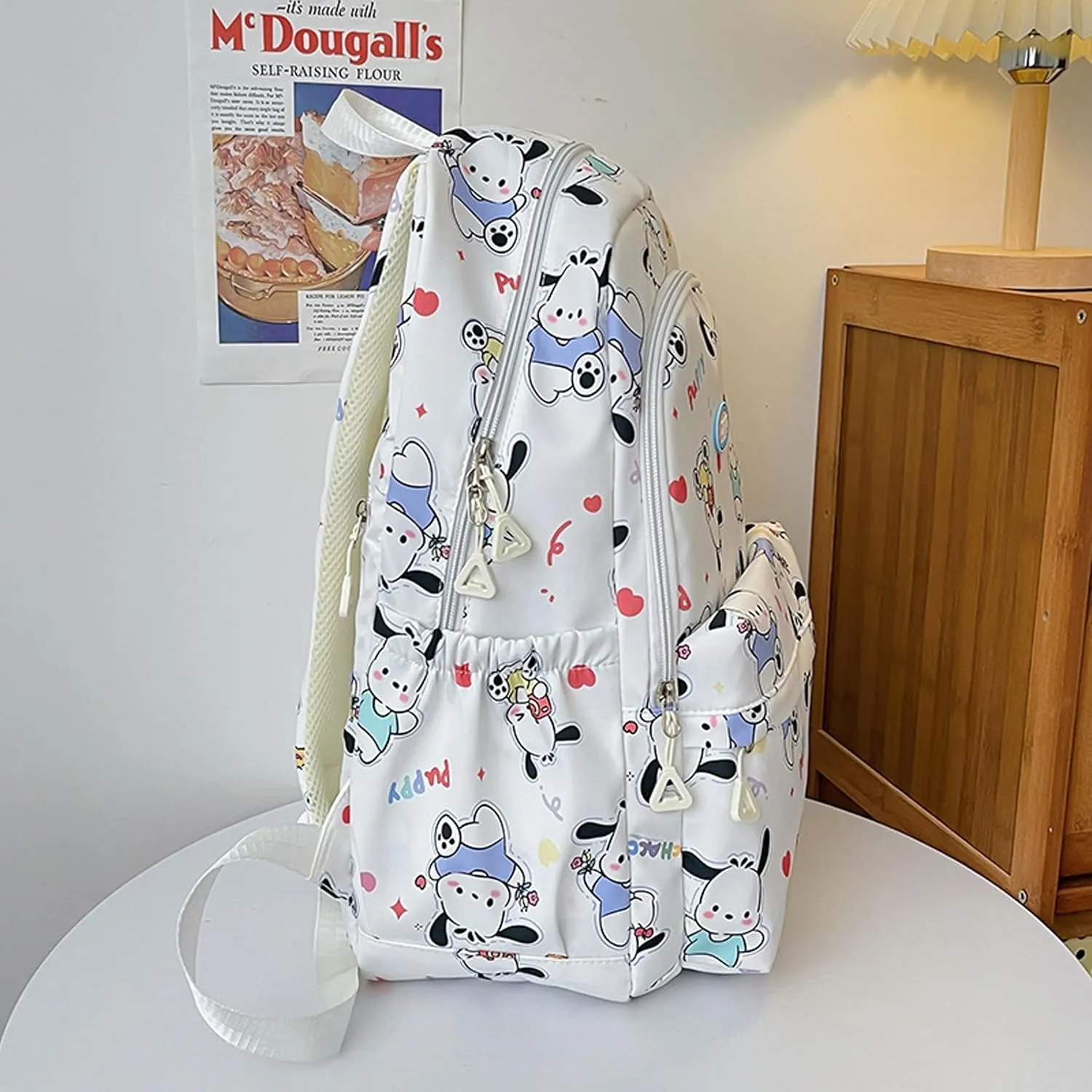 Roffatide Cartoon Pochacco All Over Print Casual Backpack Laptop Backpack Bike Travel Hiking Rucksack Daypack White (With Cute Pendants)