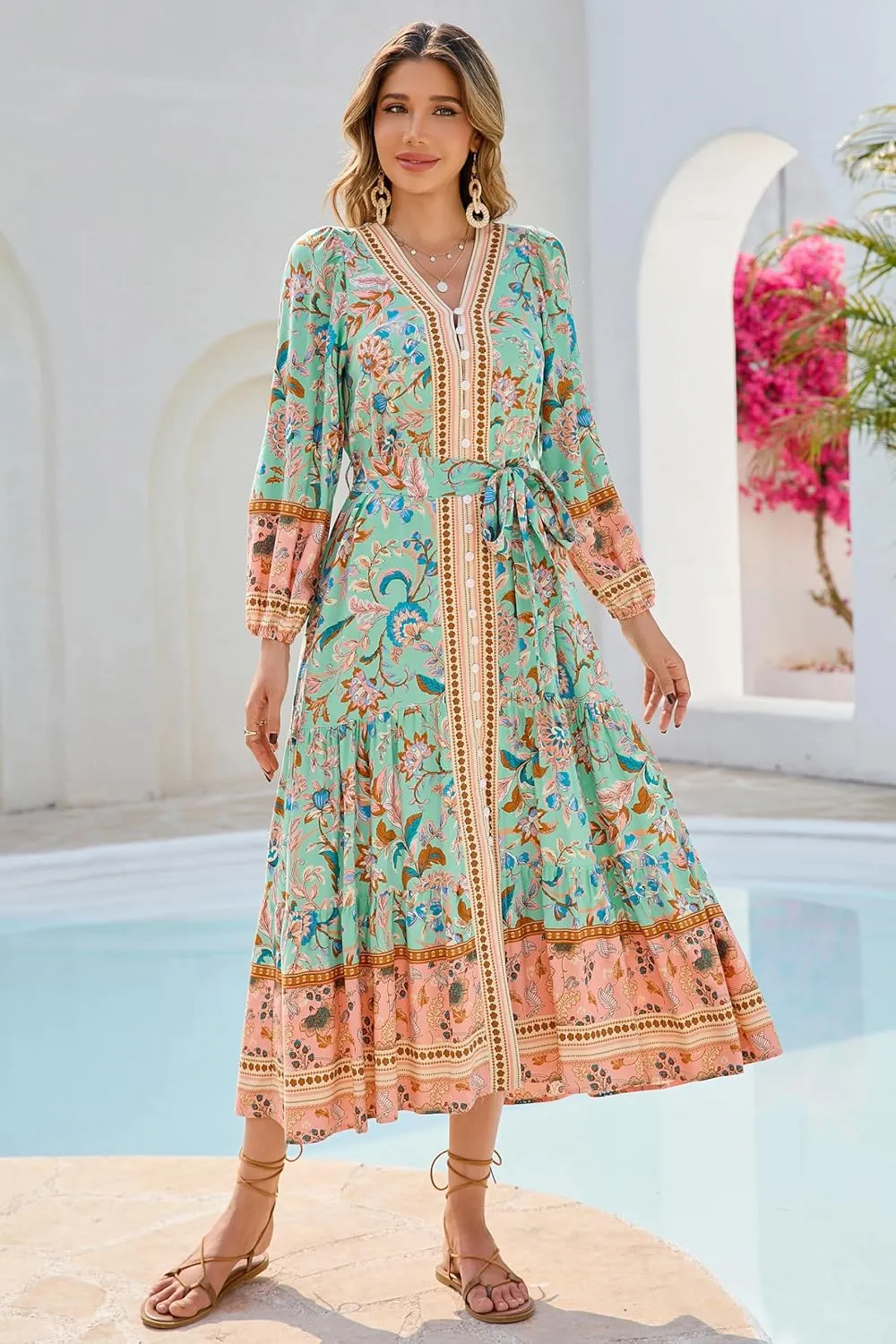 R.Vivimos Women's Long Sleeve Boho Midi Dress V Neck Floral Print Casual Button Down Loose Ruffle Beach Long Dress with Belt