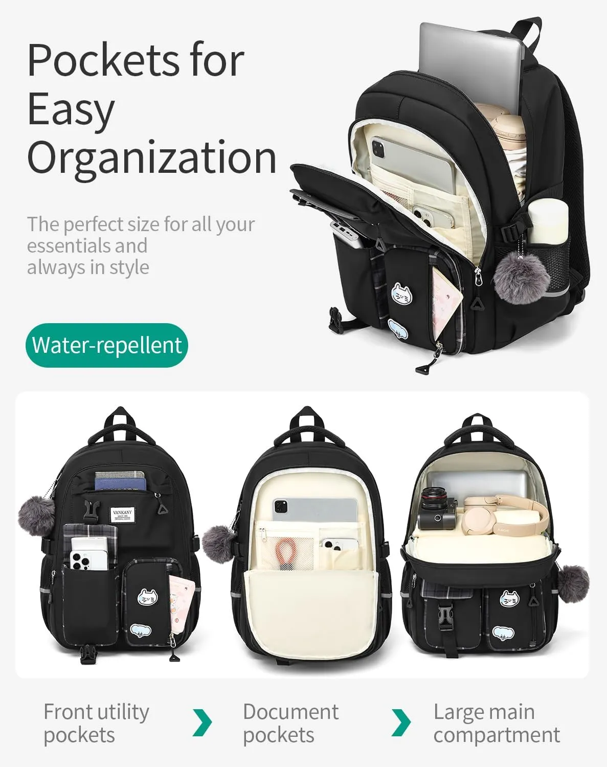 School Backpack for Teen Girls, Big Student Laptop Backpack Aesthetic Bookbags for College Women Elementary Middle High School Travel Mochilas Escolares, Black