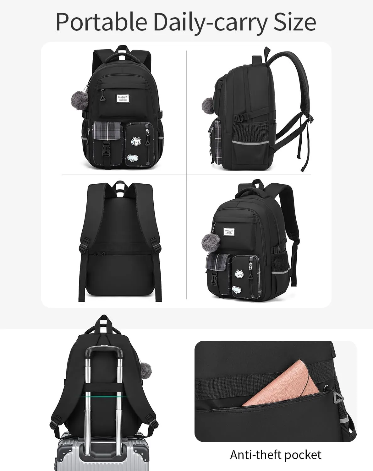 School Backpack for Teen Girls, Big Student Laptop Backpack Aesthetic Bookbags for College Women Elementary Middle High School Travel Mochilas Escolares, Black