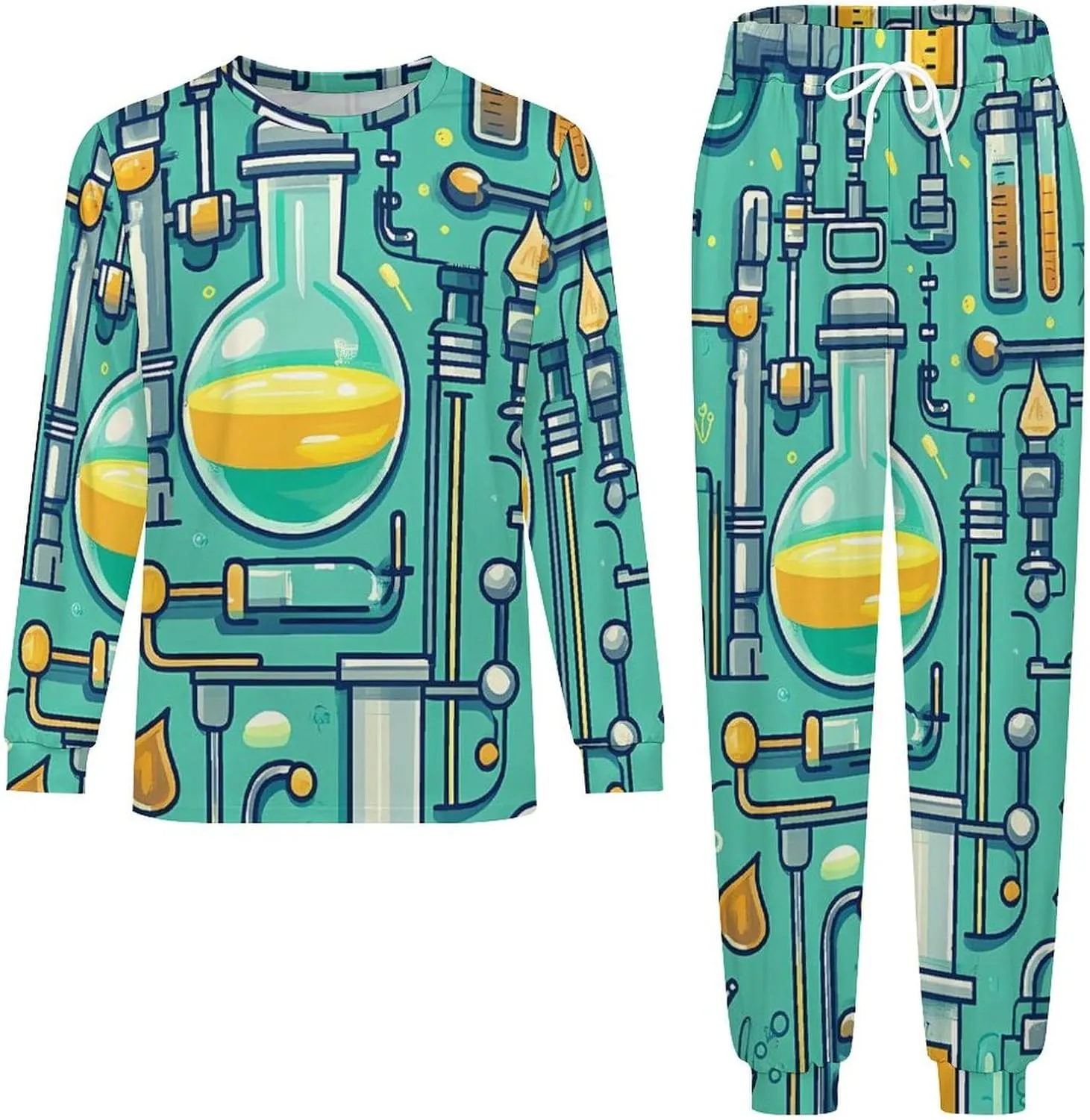 Scientific Instrumen Soft Mens Pajamas Set Round Neck Pullover Long Sleeve And Pants Loungewear 2 Piece Pjs Set