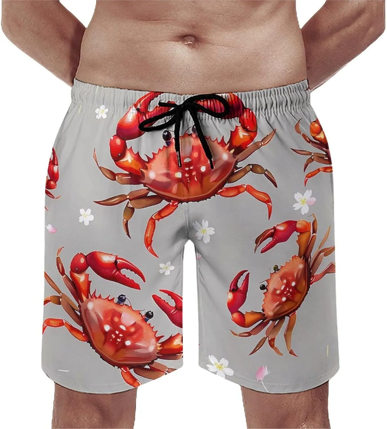 Seafood Marine Crabs Cherry Flowers Men's Swim Trunks Quick Dry Board Shorts Breathable Summer Beach Shorts Bathing Suits