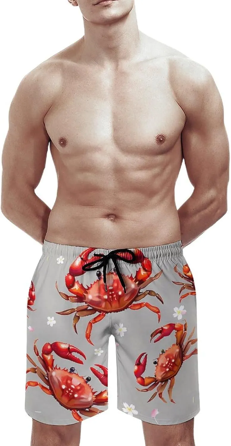 Seafood Marine Crabs Cherry Flowers Men's Swim Trunks Quick Dry Board Shorts Breathable Summer Beach Shorts Bathing Suits