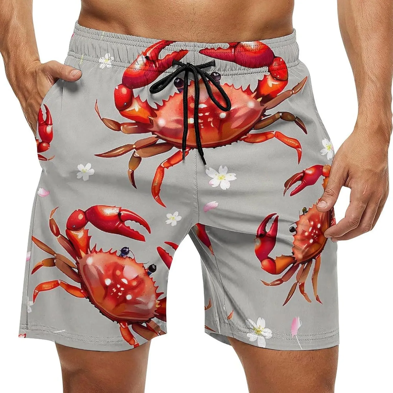 Seafood Marine Crabs Cherry Flowers Men's Swim Trunks Quick Dry Board Shorts Breathable Summer Beach Shorts Bathing Suits
