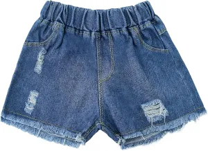 SEAUR Girls Ripped Raw Hem Denim Shorts Elastic Waist Straight Leg Jean Shorts Casual Summer Skort