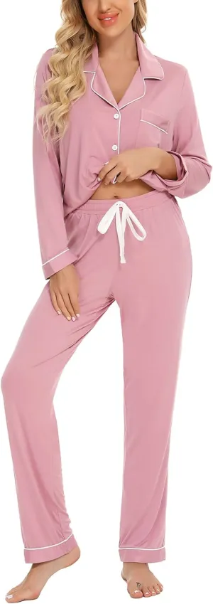 Senert Pajamas Set For Women Long Sleeve Sleepwear Soft Button Down Shirt with Long Pants Pj Lounge Sets S-XXL