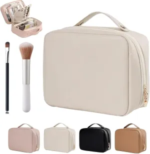 Set Patient Travel Makeup Bag, Setpatient Multi-compartment Toiletry Cosmetics Bag, Large Toiletry Bag Travel Cosmetic Bag for Women, PU Leather Portable Hanging Makeup Pouch (White)
