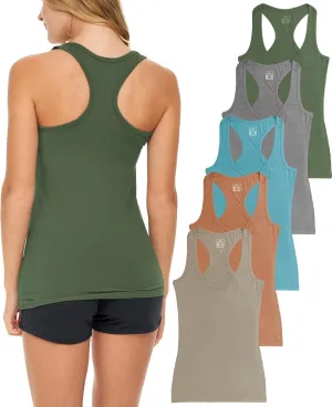 Sexy Basics Women's 5 Pack Racerback PowerFlex Tank Tops/Cotton -Spandex Stretch Color Tank Tops