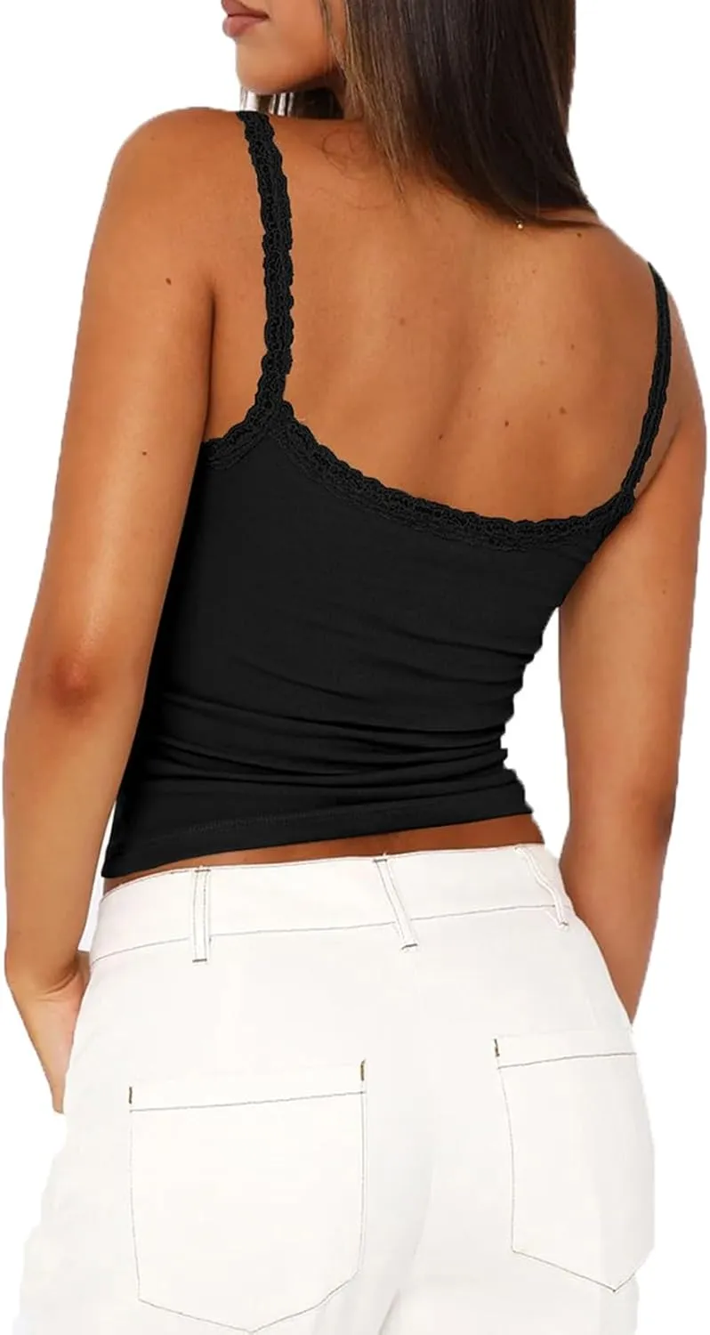 Sexy Lace Trim Tank Tops for Women Y2K Sleeveless Spaghetti Strap Slim Fit Basic Cami Shirts Going Out Camisole