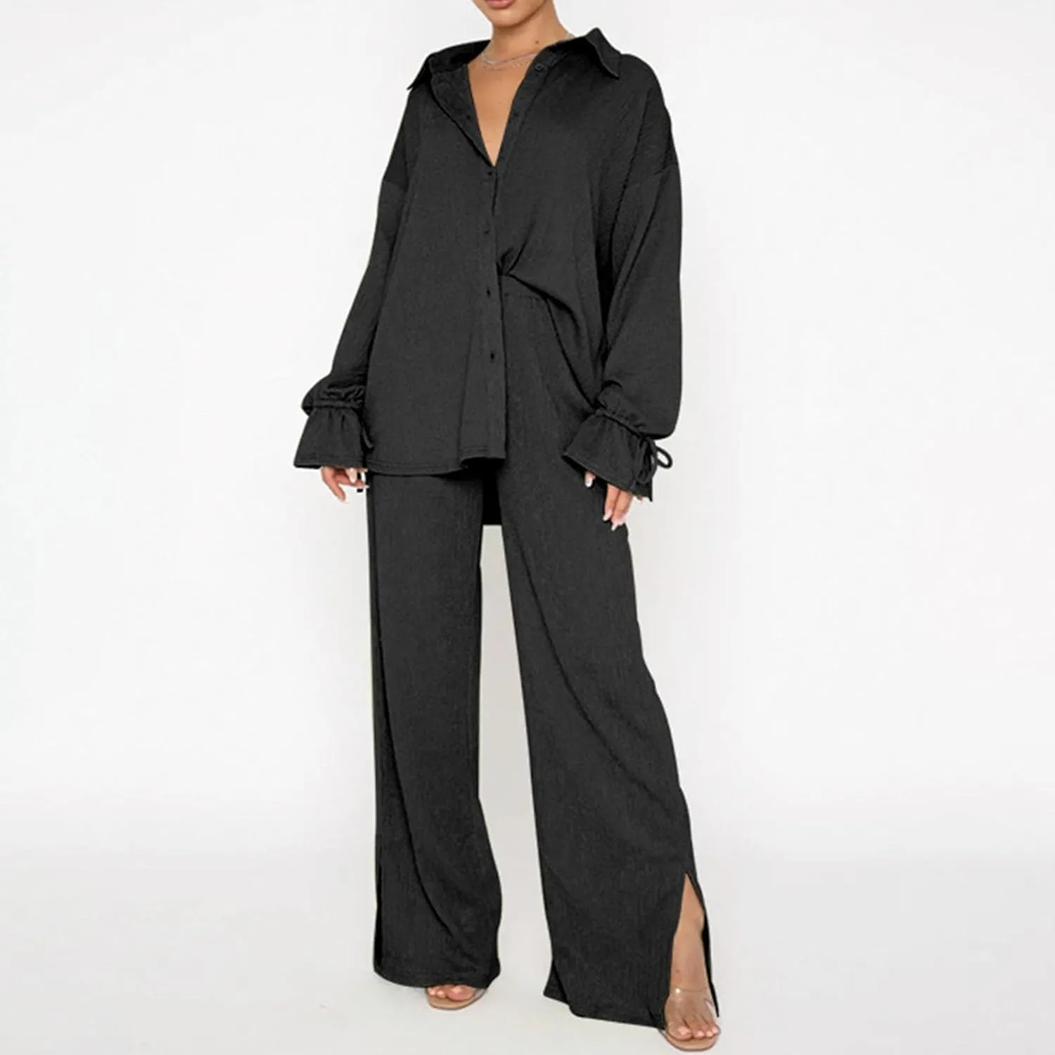 Side Split Pants Suit for Women 2 Piece Lounge Sets Collared Long Sleeve Button Down Shirt and Wide Leg Pants
