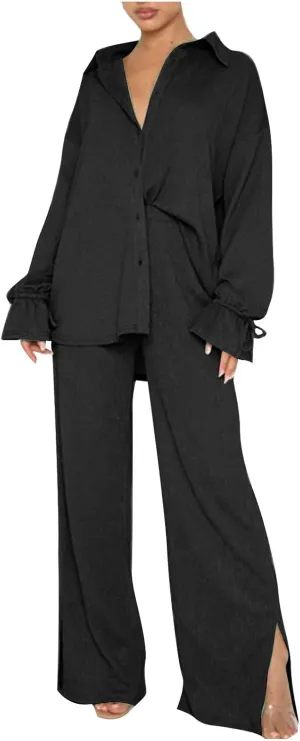 Side Split Pants Suit for Women 2 Piece Lounge Sets Collared Long Sleeve Button Down Shirt and Wide Leg Pants