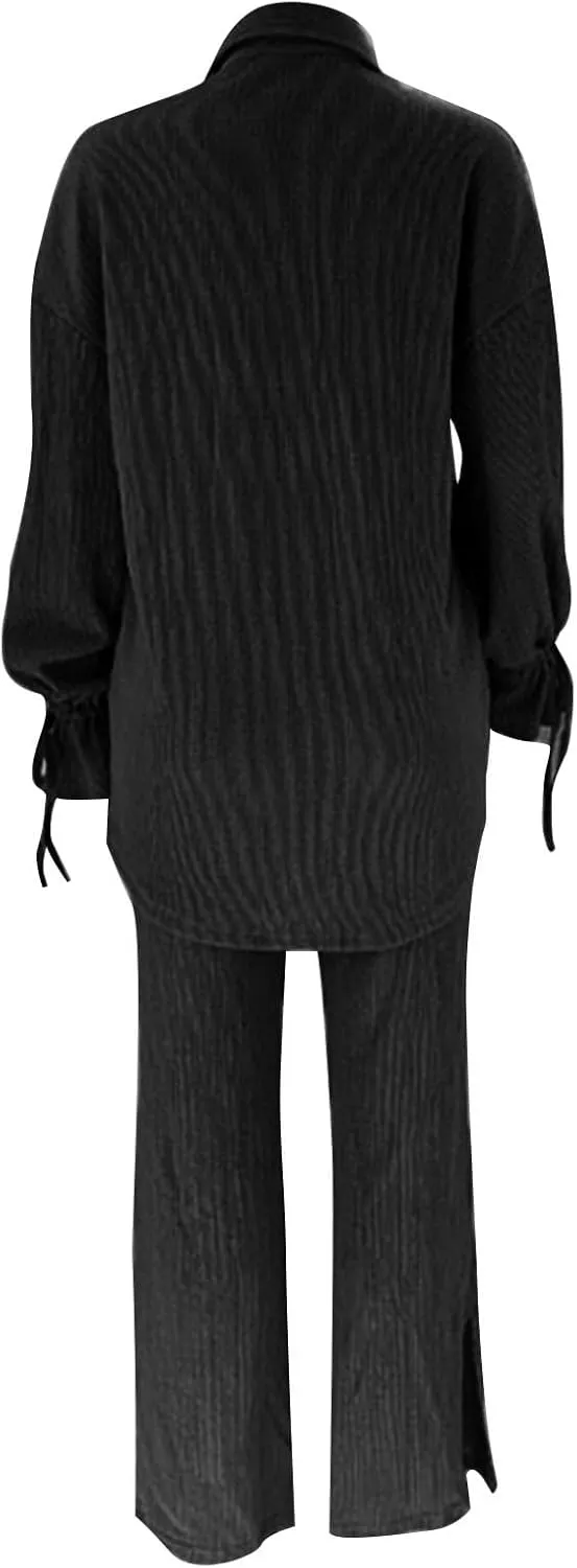 Side Split Pants Suit for Women 2 Piece Lounge Sets Collared Long Sleeve Button Down Shirt and Wide Leg Pants