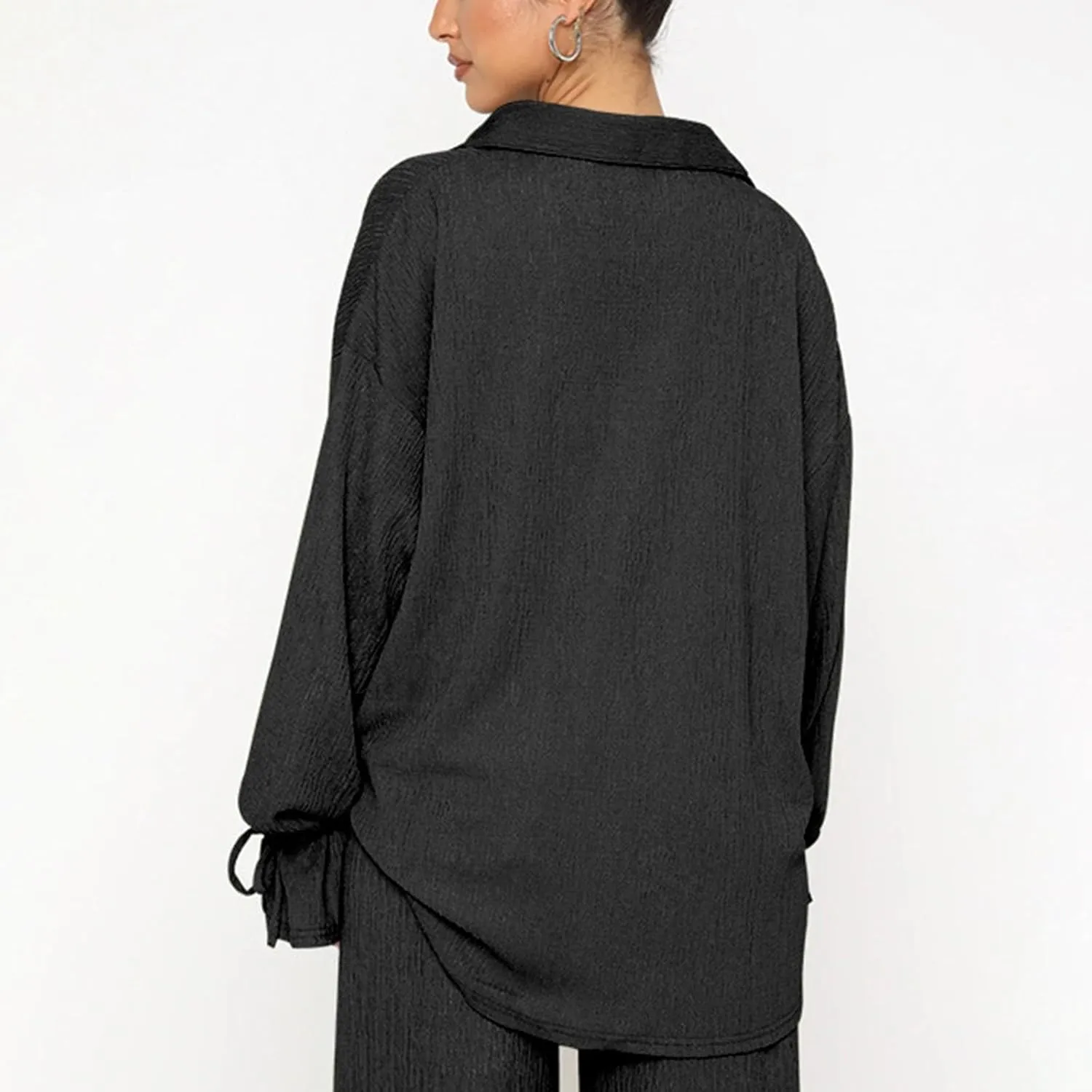 Side Split Pants Suit for Women 2 Piece Lounge Sets Collared Long Sleeve Button Down Shirt and Wide Leg Pants