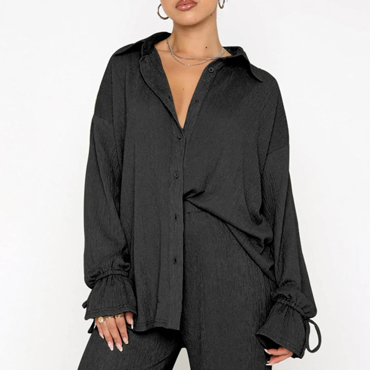 Side Split Pants Suit for Women 2 Piece Lounge Sets Collared Long Sleeve Button Down Shirt and Wide Leg Pants