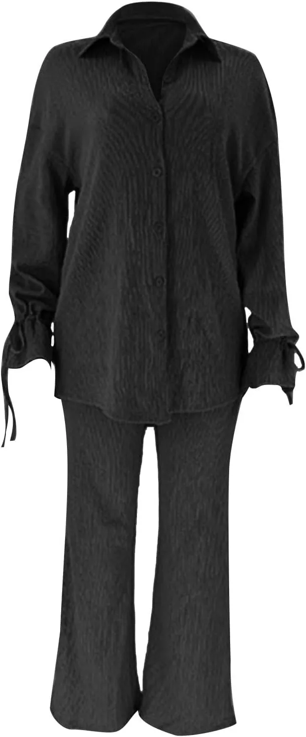 Side Split Pants Suit for Women 2 Piece Lounge Sets Collared Long Sleeve Button Down Shirt and Wide Leg Pants