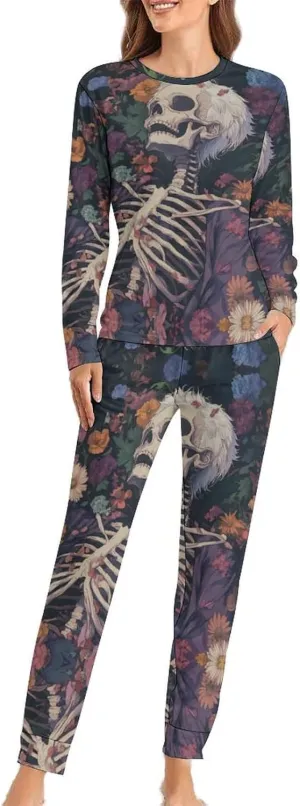 Skeleton Skull in Flowers Pajama Sets for Women 2 Piece Long Sleeve Top And Pants Soft Sleepwear Loungewear Set