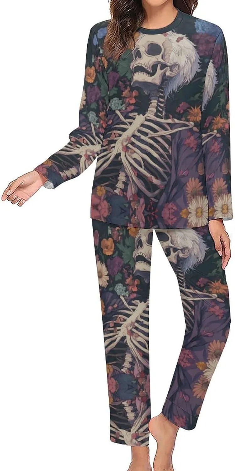 Skeleton Skull in Flowers Pajama Sets for Women 2 Piece Long Sleeve Top And Pants Soft Sleepwear Loungewear Set