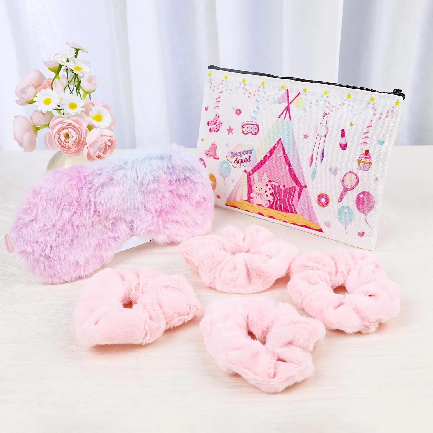 Sleepover Party Supplies for Girls - 12Pcs Sleepover Party Favors with Plush Sleep Eye Mask, Hair Scrunchies, Sleepover Squad Makeup Bags, Slumber Spa Pajama Party Supplies