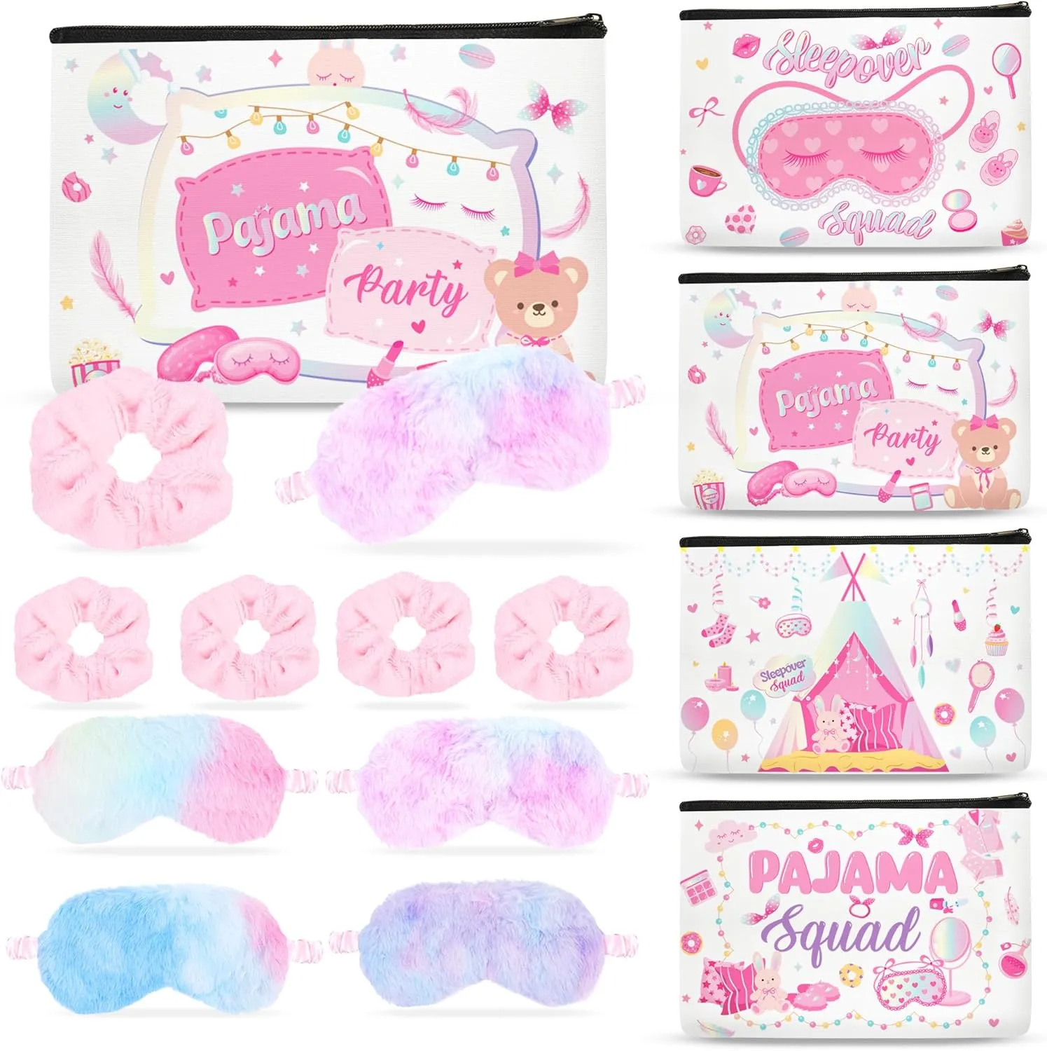 Sleepover Party Supplies for Girls - 12Pcs Sleepover Party Favors with Plush Sleep Eye Mask, Hair Scrunchies, Sleepover Squad Makeup Bags, Slumber Spa Pajama Party Supplies