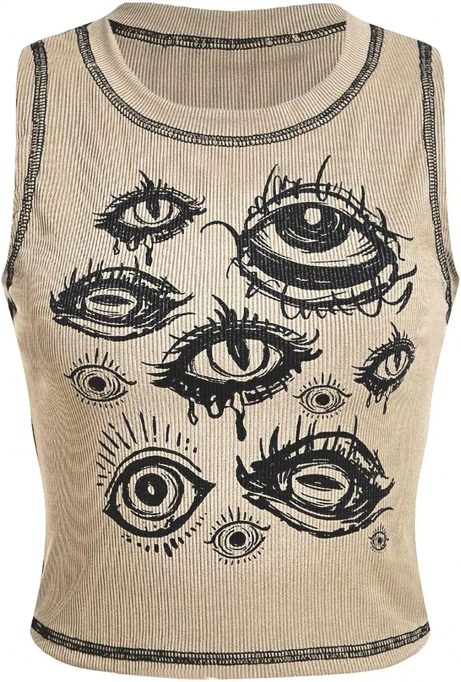SOLY HUX Women's Y2k Goth Eye Print Crop Tank Top Round Neck Sleeveless Summer Tops