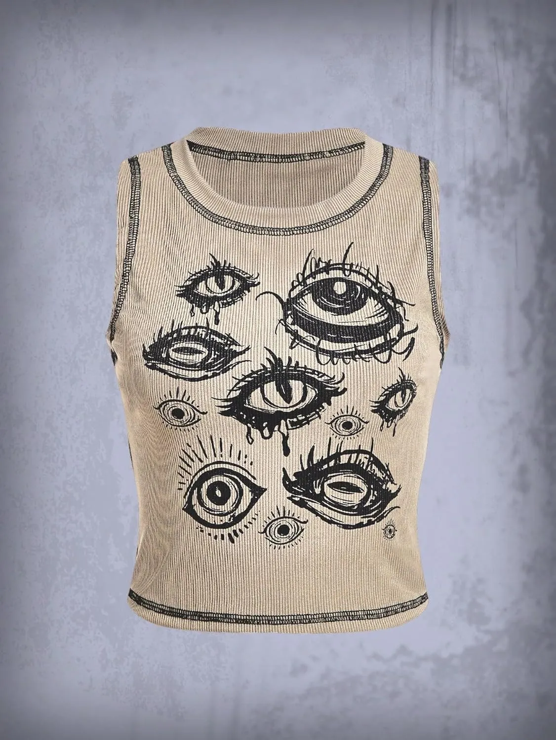SOLY HUX Women's Y2k Goth Eye Print Crop Tank Top Round Neck Sleeveless Summer Tops