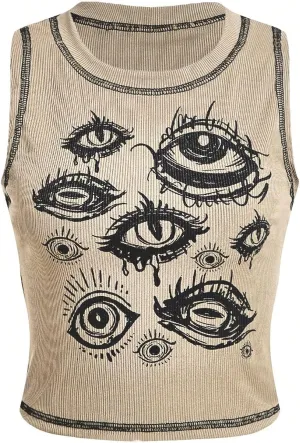 SOLY HUX Women's Y2k Goth Eye Print Crop Tank Top Round Neck Sleeveless Summer Tops