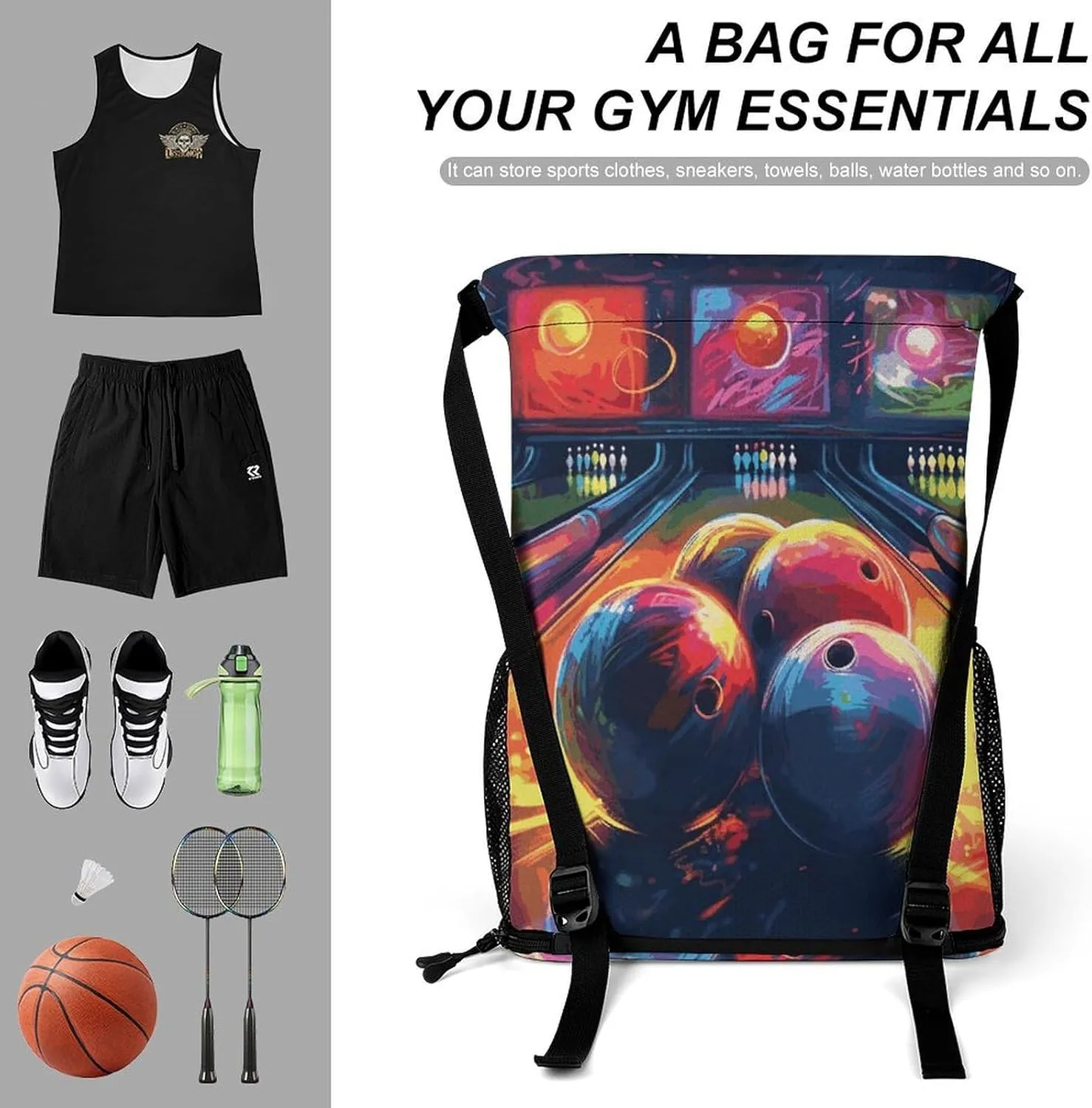 Sports Drawstring Backpack Lightweight Small Gym Bag Bowling Balls Gym Sackpack for Women Men
