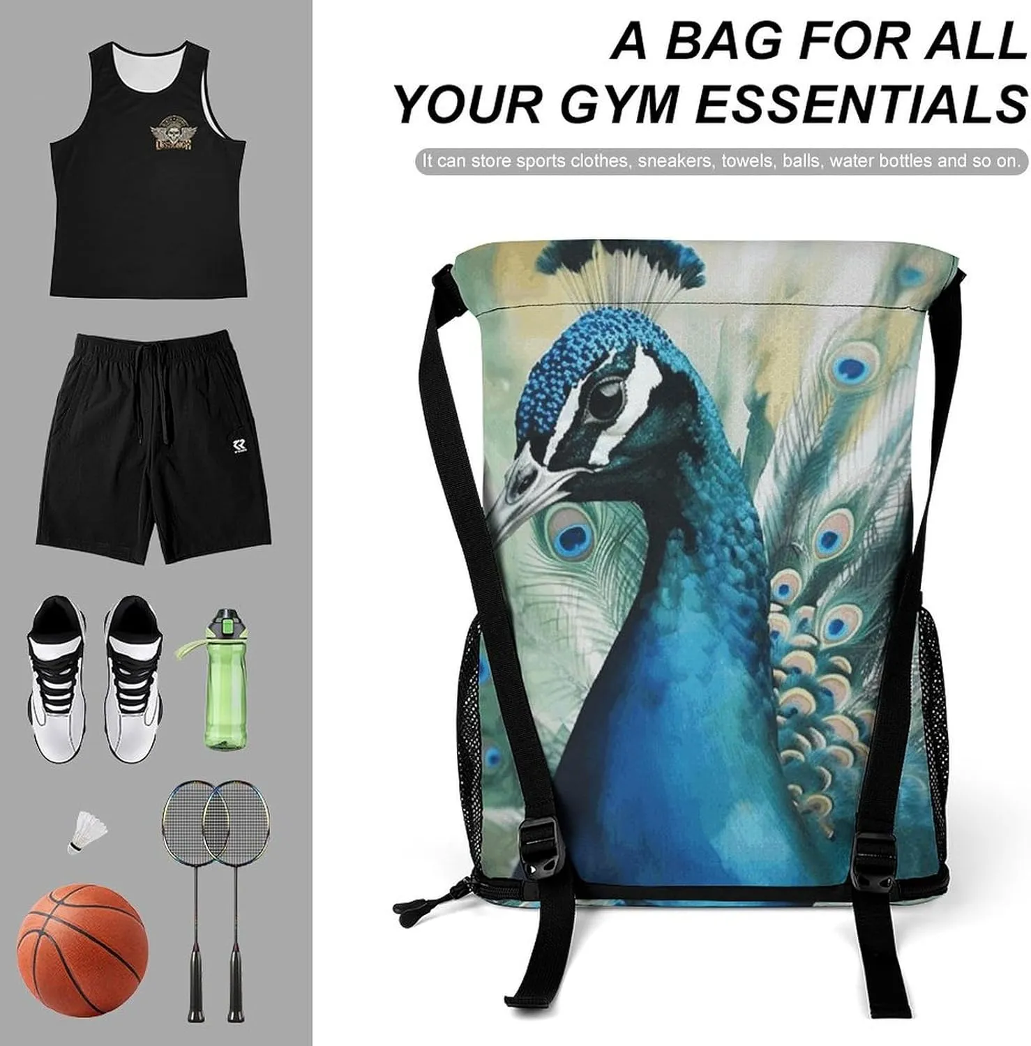 Sports Drawstring Backpack Lightweight Small Gym Bag Cute Peacock Gym Sackpack for Women Men