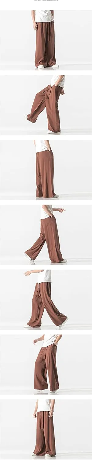 Spring Summer Men Cotton Linen Wide Leg Pants Chinese Style Vintage Harem Pants Casual Solid Color
