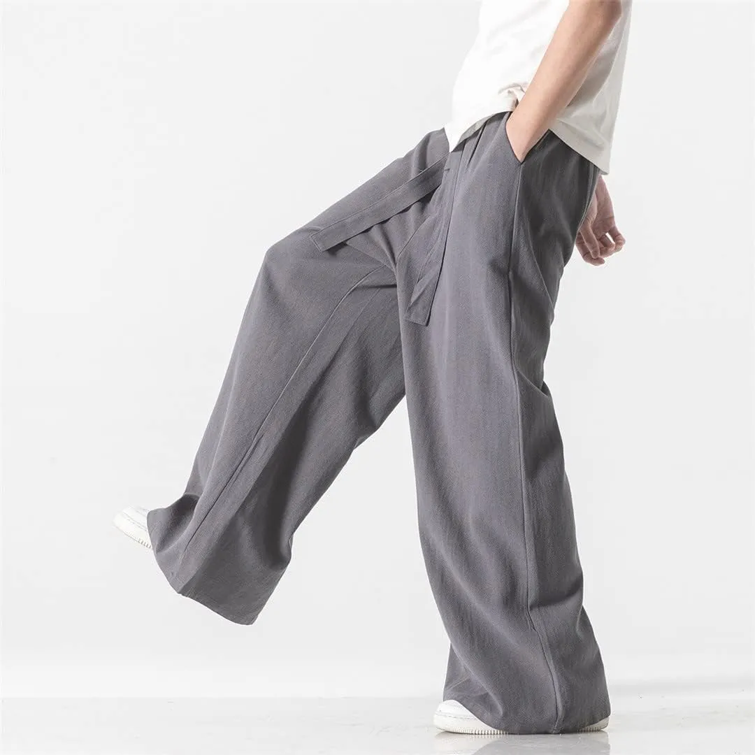 Spring Summer Men Cotton Linen Wide Leg Pants Chinese Style Vintage Harem Pants Casual Solid Color