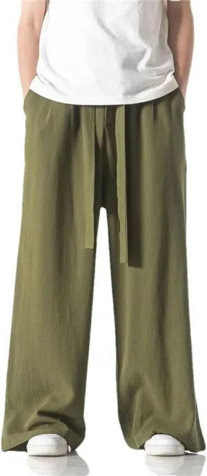 Spring Summer Men Cotton Linen Wide Leg Pants Chinese Style Vintage Harem Pants Casual Solid Color