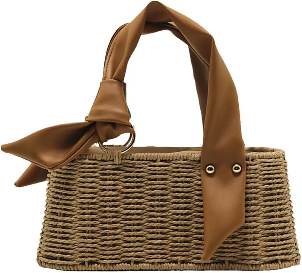 Straw Beach Bags For Women Summer Straw Bucket Bag Vacation Handbag Small Tote Rattan Purses Leather Strap 2025
