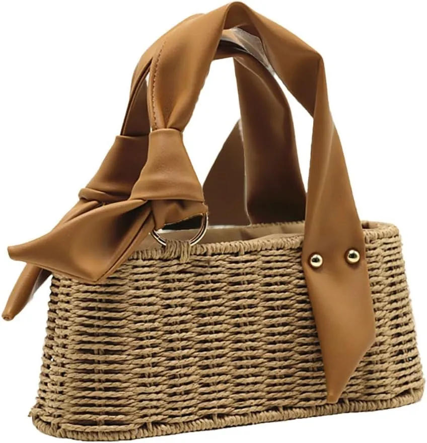 Straw Beach Bags For Women Summer Straw Bucket Bag Vacation Handbag Small Tote Rattan Purses Leather Strap 2025