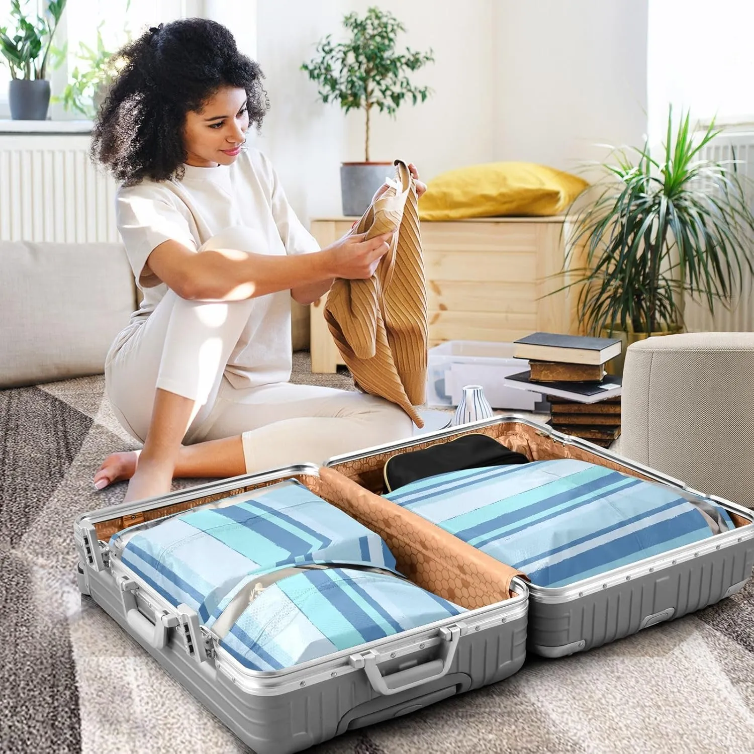 Stripes Blue 3 Set Travel Packing Cubes For Suitcases, Foldable, Garment Bag Closet Storage, Luggage Space Saver, Organizadores De Maletas Para