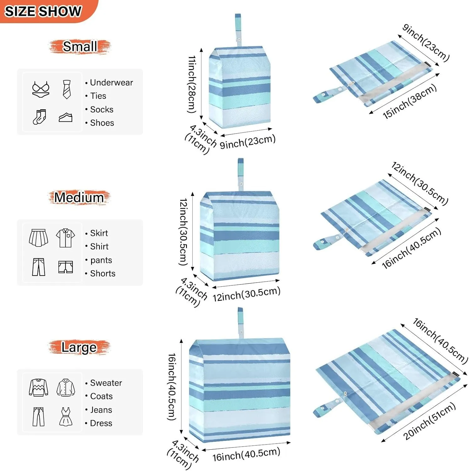 Stripes Blue 3 Set Travel Packing Cubes For Suitcases, Foldable, Garment Bag Closet Storage, Luggage Space Saver, Organizadores De Maletas Para