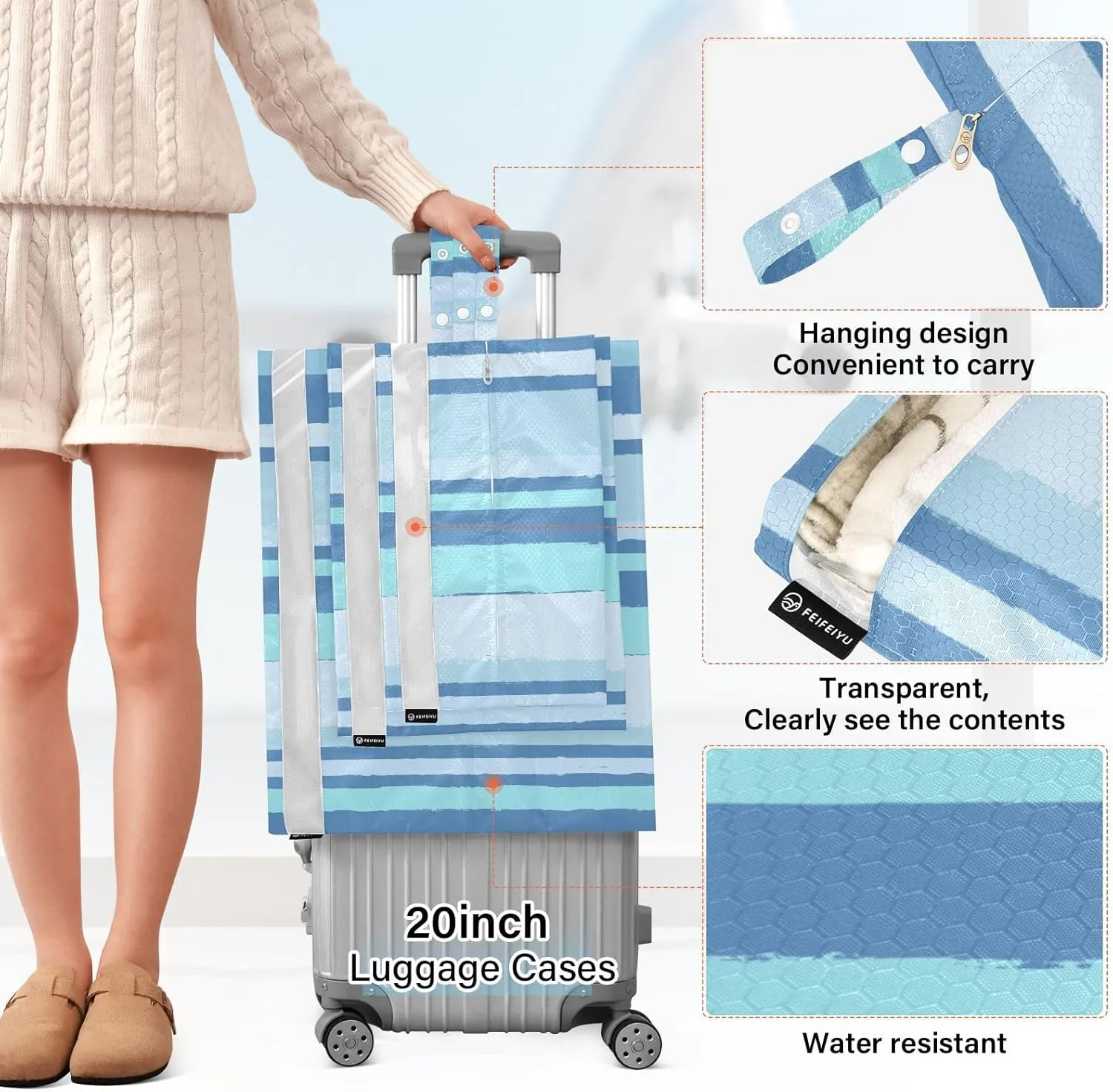 Stripes Blue 3 Set Travel Packing Cubes For Suitcases, Foldable, Garment Bag Closet Storage, Luggage Space Saver, Organizadores De Maletas Para