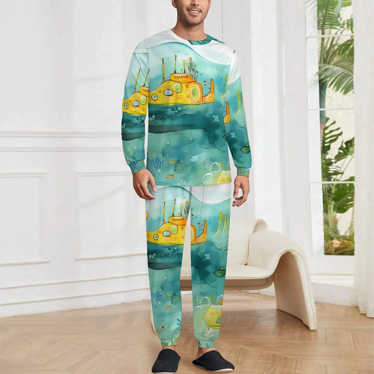Sub-marine Soft Mens Pajamas Set Round Neck Pullover Long Sleeve And Pants Loungewear 2 Piece Pjs Set
