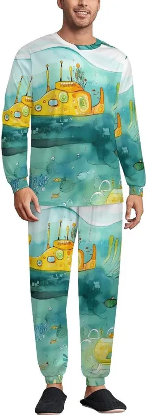 Sub-marine Soft Mens Pajamas Set Round Neck Pullover Long Sleeve And Pants Loungewear 2 Piece Pjs Set