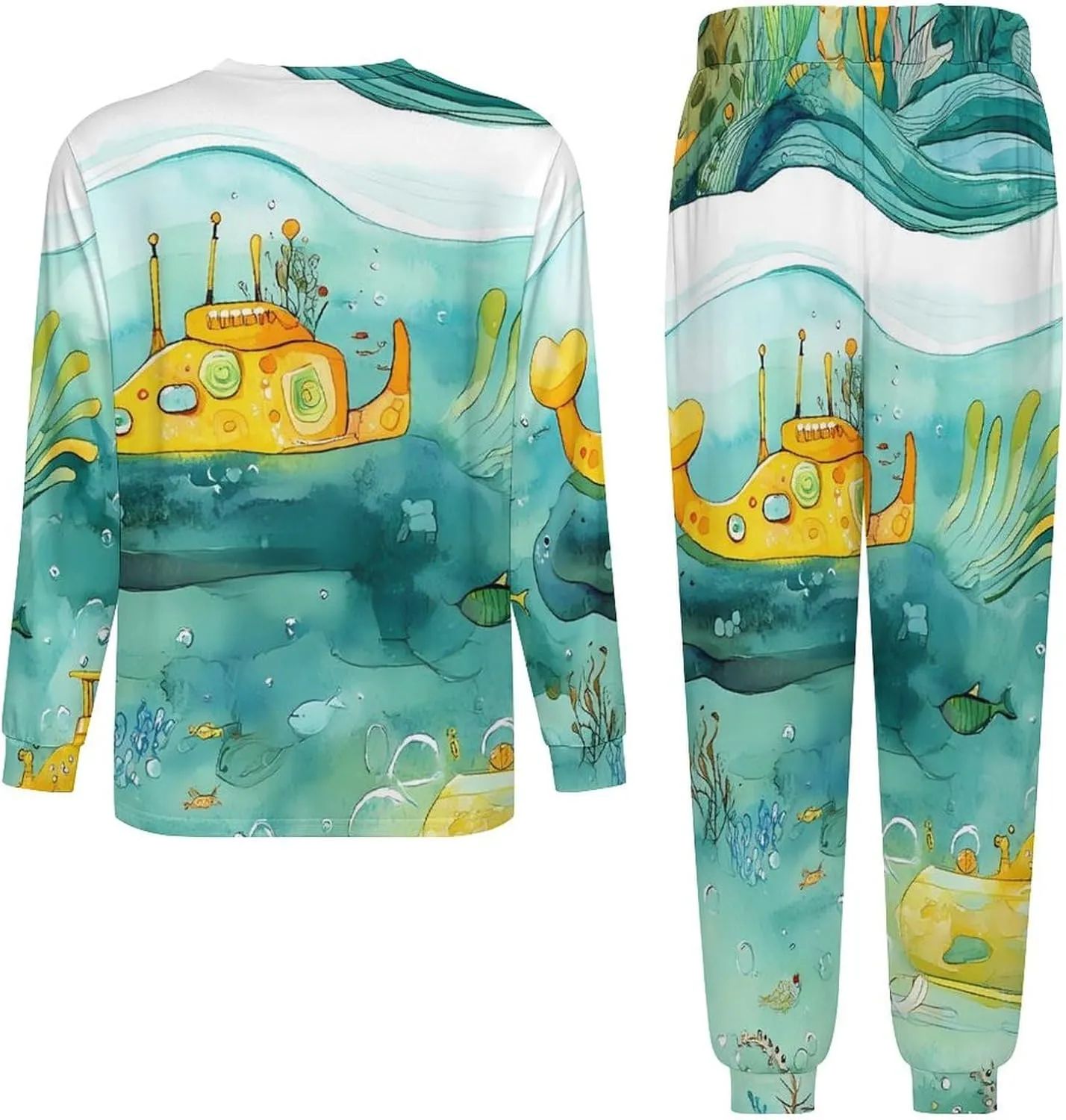 Sub-marine Soft Mens Pajamas Set Round Neck Pullover Long Sleeve And Pants Loungewear 2 Piece Pjs Set