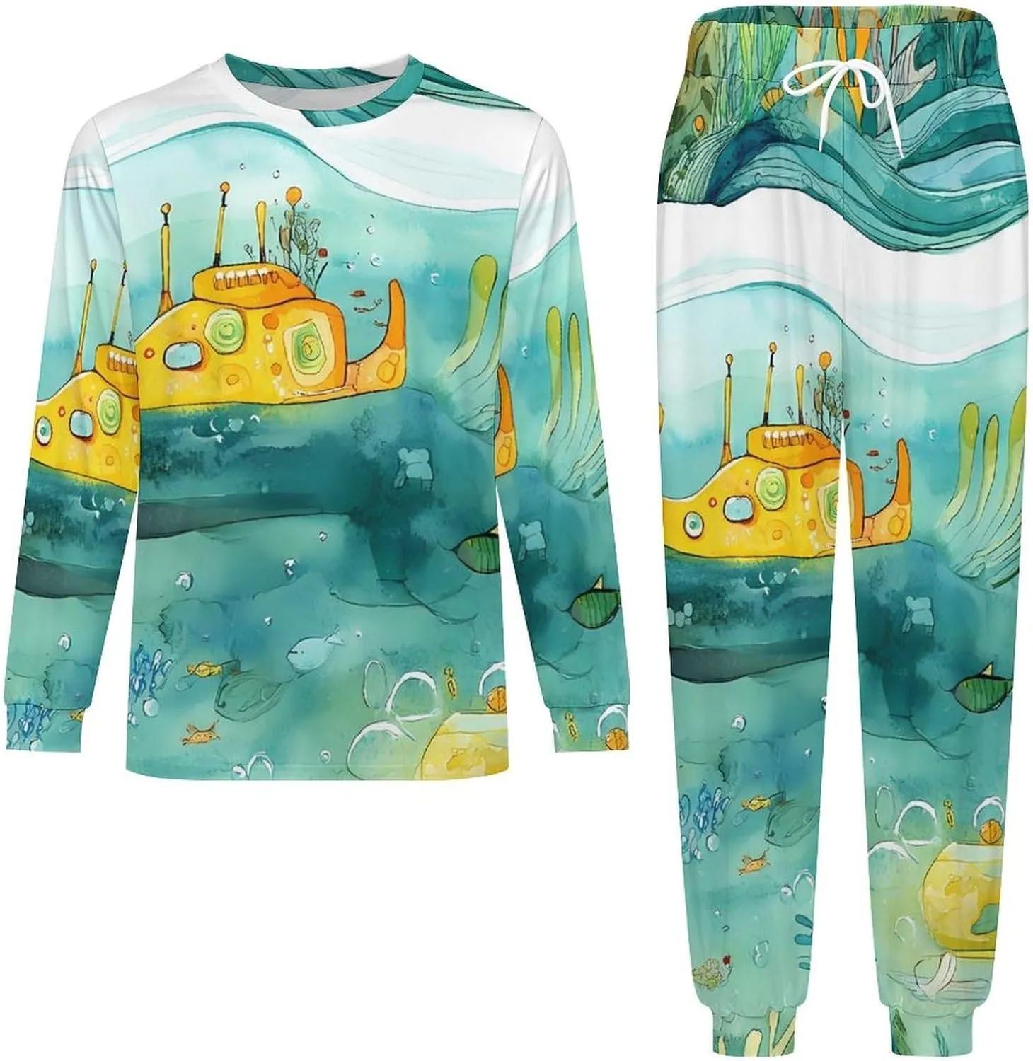 Sub-marine Soft Mens Pajamas Set Round Neck Pullover Long Sleeve And Pants Loungewear 2 Piece Pjs Set
