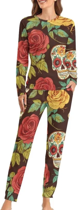 Sugar Skulls And Roses Colorful Pajama Sets for Women 2 Piece Long Sleeve Top And Pants Soft Sleepwear Loungewear Set