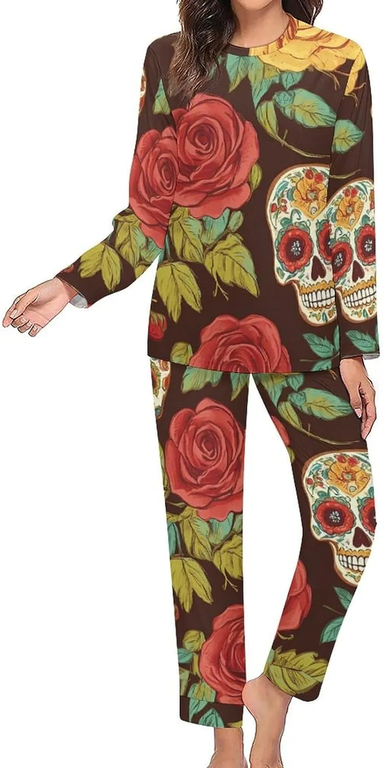Sugar Skulls And Roses Colorful Pajama Sets for Women 2 Piece Long Sleeve Top And Pants Soft Sleepwear Loungewear Set