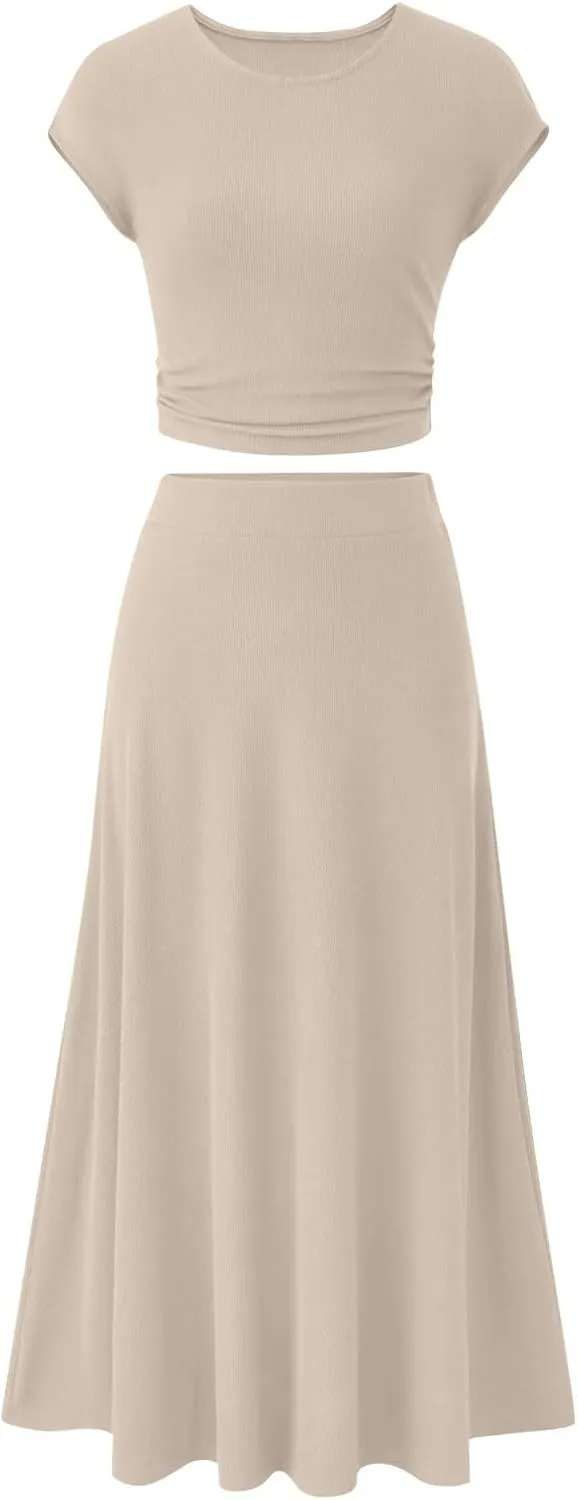 Summer Two Piece Sets For Women Short Sleeve Cropped Tops And Pleated Midi Skirt Lounge Sets Solid Travel Lounge Sets