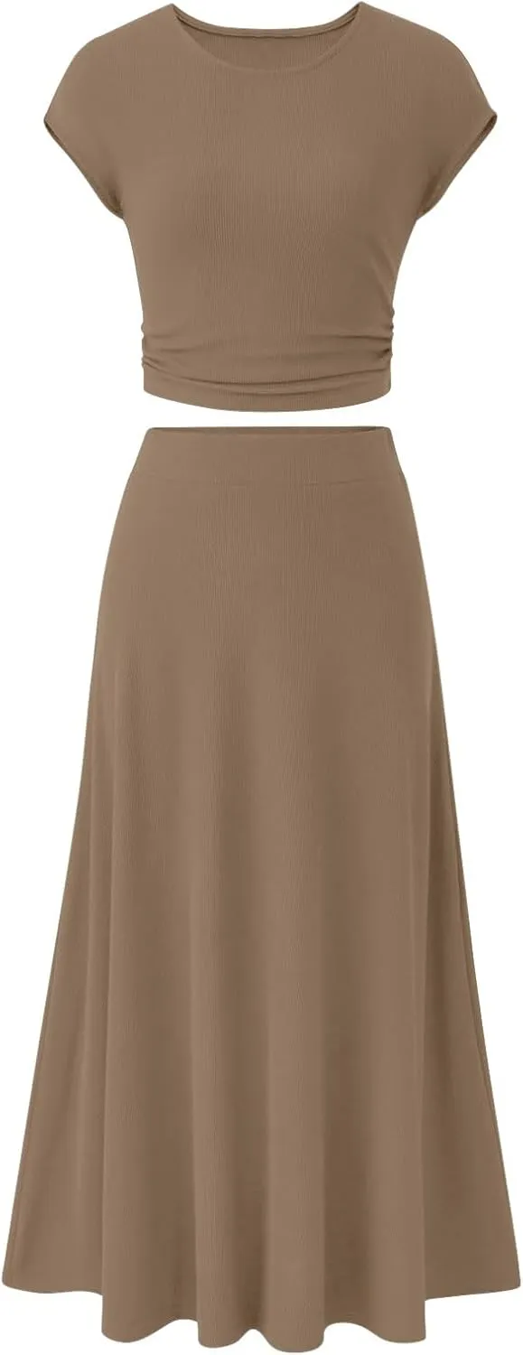 Summer Two Piece Sets For Women Short Sleeve Cropped Tops And Pleated Midi Skirt Lounge Sets Solid Travel Lounge Sets