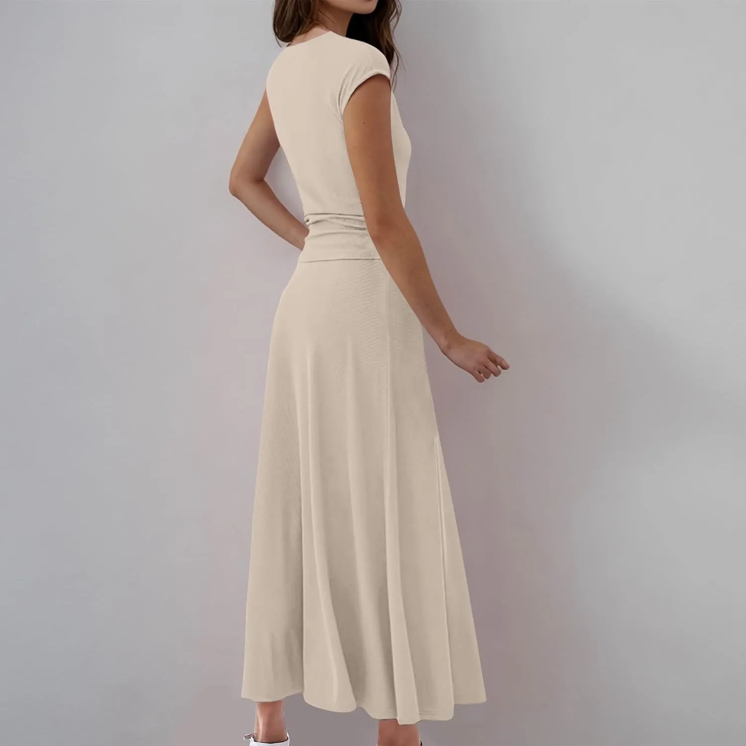 Summer Two Piece Sets For Women Short Sleeve Cropped Tops And Pleated Midi Skirt Lounge Sets Solid Travel Lounge Sets